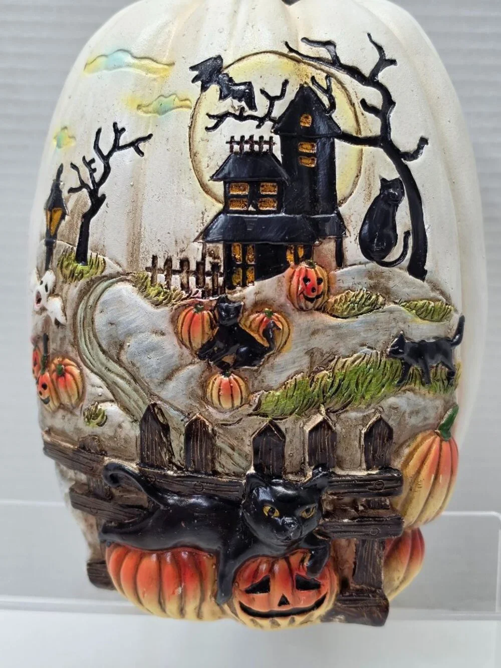 Vintage Halloween White Pumpkin Haunted House Black Cat Lighted Decor 10